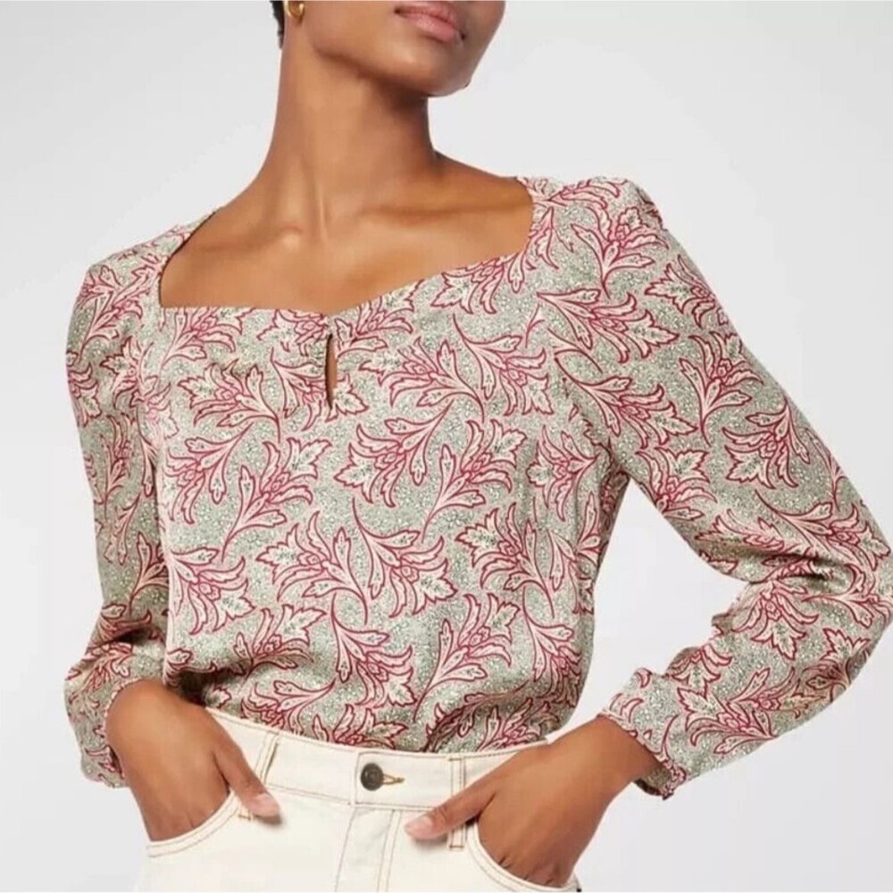 Joie Floral Paisley Keyhole Blouse Puff Sleeve Boatneck Cream Red Black S EUC